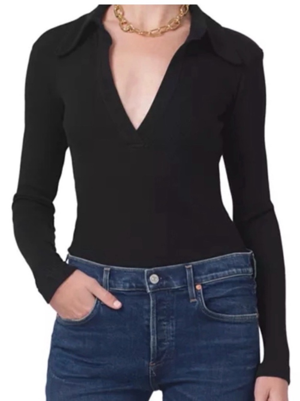 Black Long-Sleeve V-Neck Polo Top - Women's